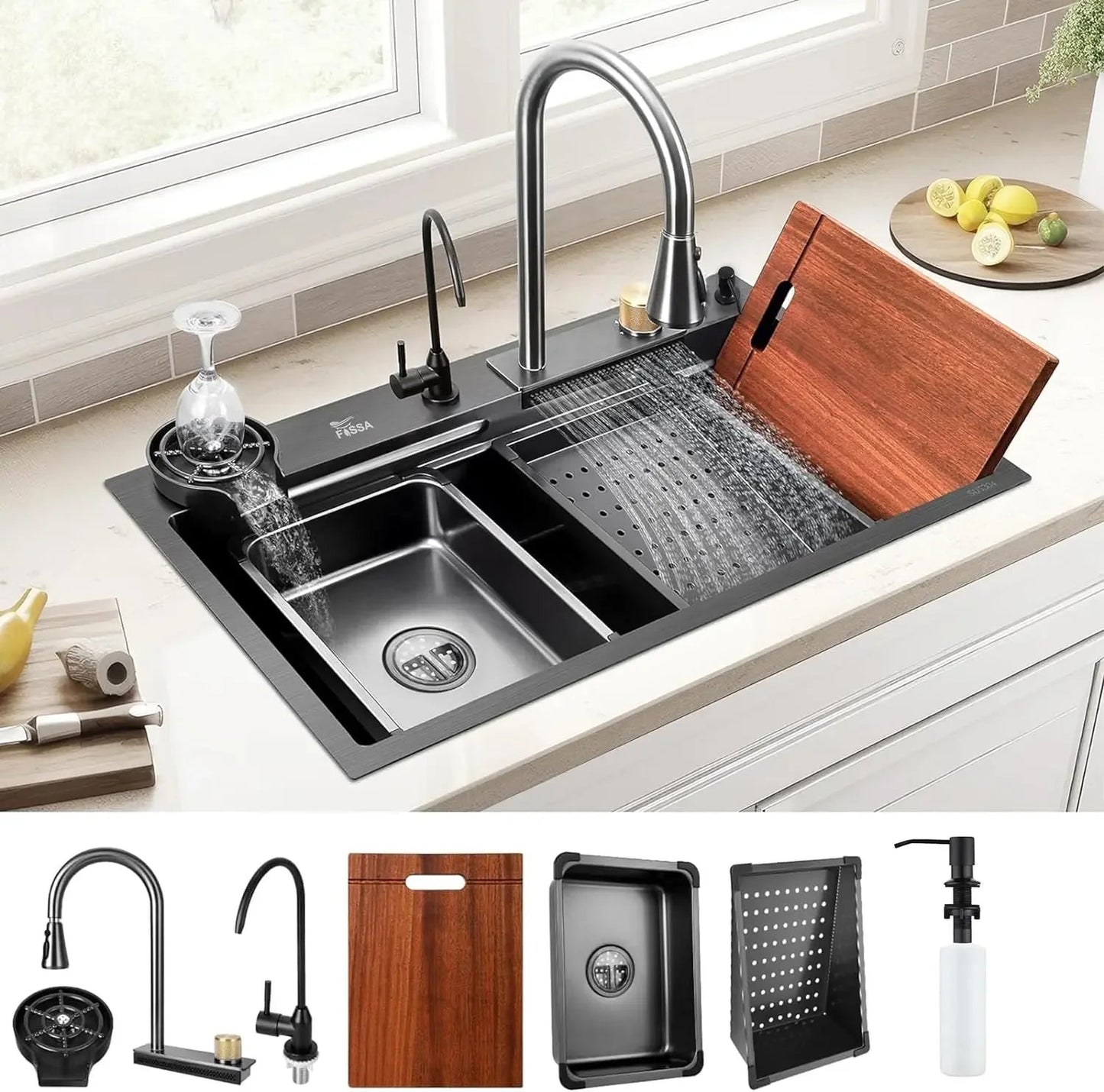 Smart Waterfall (32 x 18 x 10 ) Inch Premium Stainless Steel Kitchen Sink Black