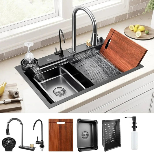 Smart Waterfall (32 x 18 x 10 ) Inch Premium Stainless Steel Kitchen Sink Black